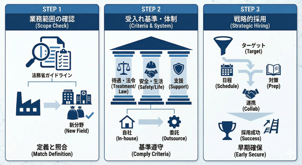 ◆外国人採用を成功に導く3つのステップ（概要図）